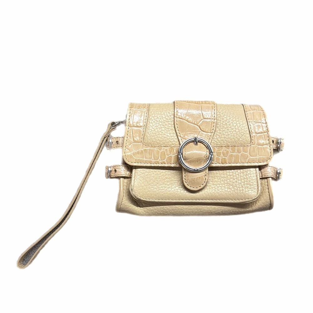 VTG Brighton Cream Beige‎ Pebbled Leather Croc Wristlet Wallet Silver Buckle Y2K